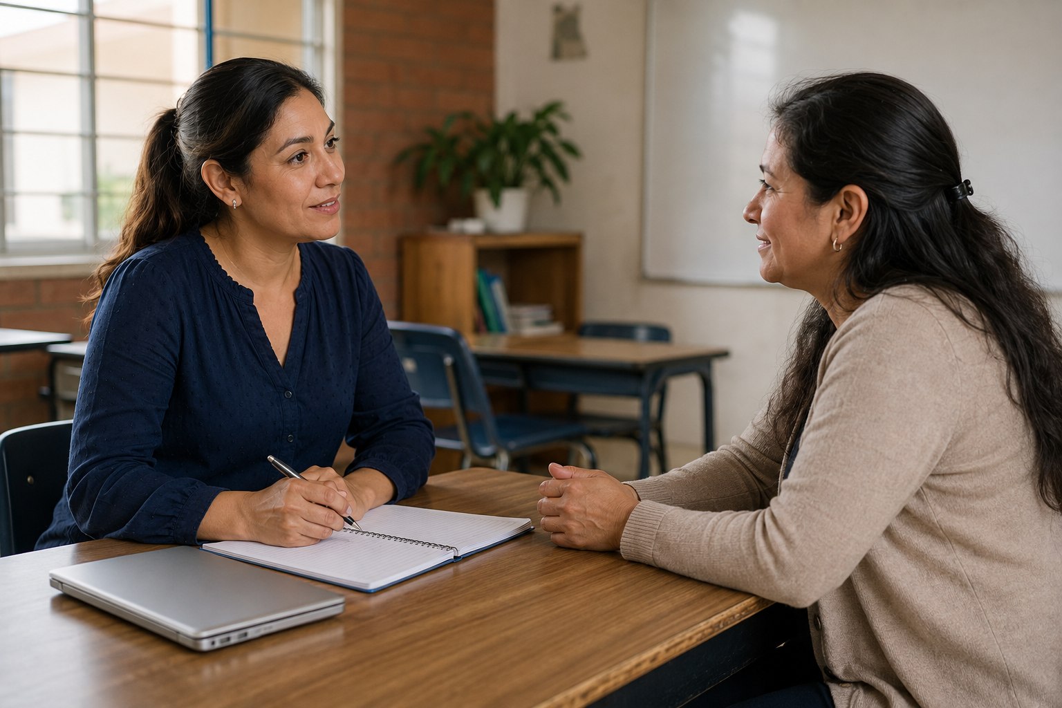 Docente de secundaria conversando respetuosamente con una madre de familia